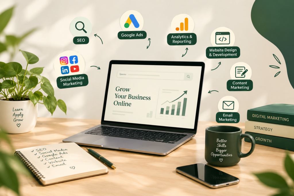 Digital marketing topics including SEO, social media marketing, Google Ads and analytics